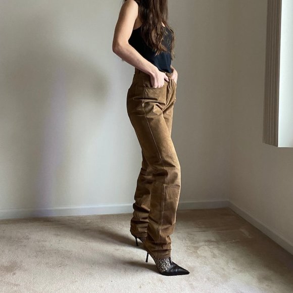 Vintage high waist tan genuine leather pants - Picture 4 of 8